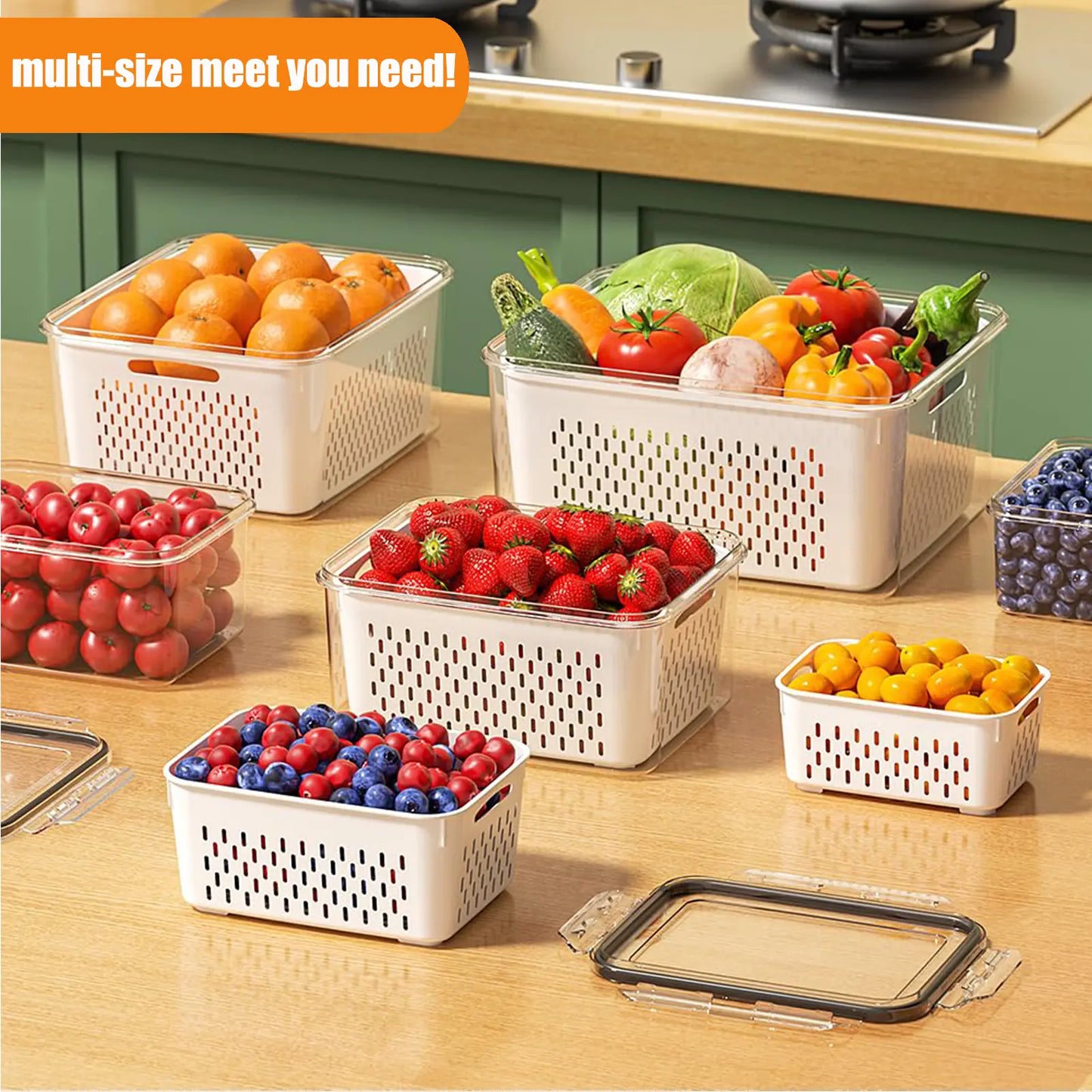 5-Pack Fridge Organizers with Removable Colander – Stackable BPA-Free Food Storage Containers for Fruit, Salad, Berries, Lettuce, Vegetables & Meat – Fresh Keeper Set