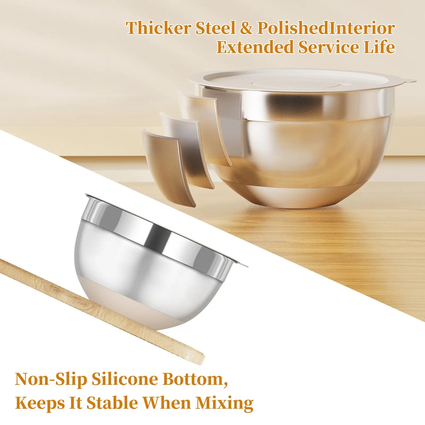 6-Piece Stainless Steel Mixing Bowls with Lids – Nesting Storage Set, Includes 3 Grater Attachments & Non-Slip Bottoms – Sizes 5.5, 3.5, 2.5, 2.1, 1.5 & 1.1 QT
