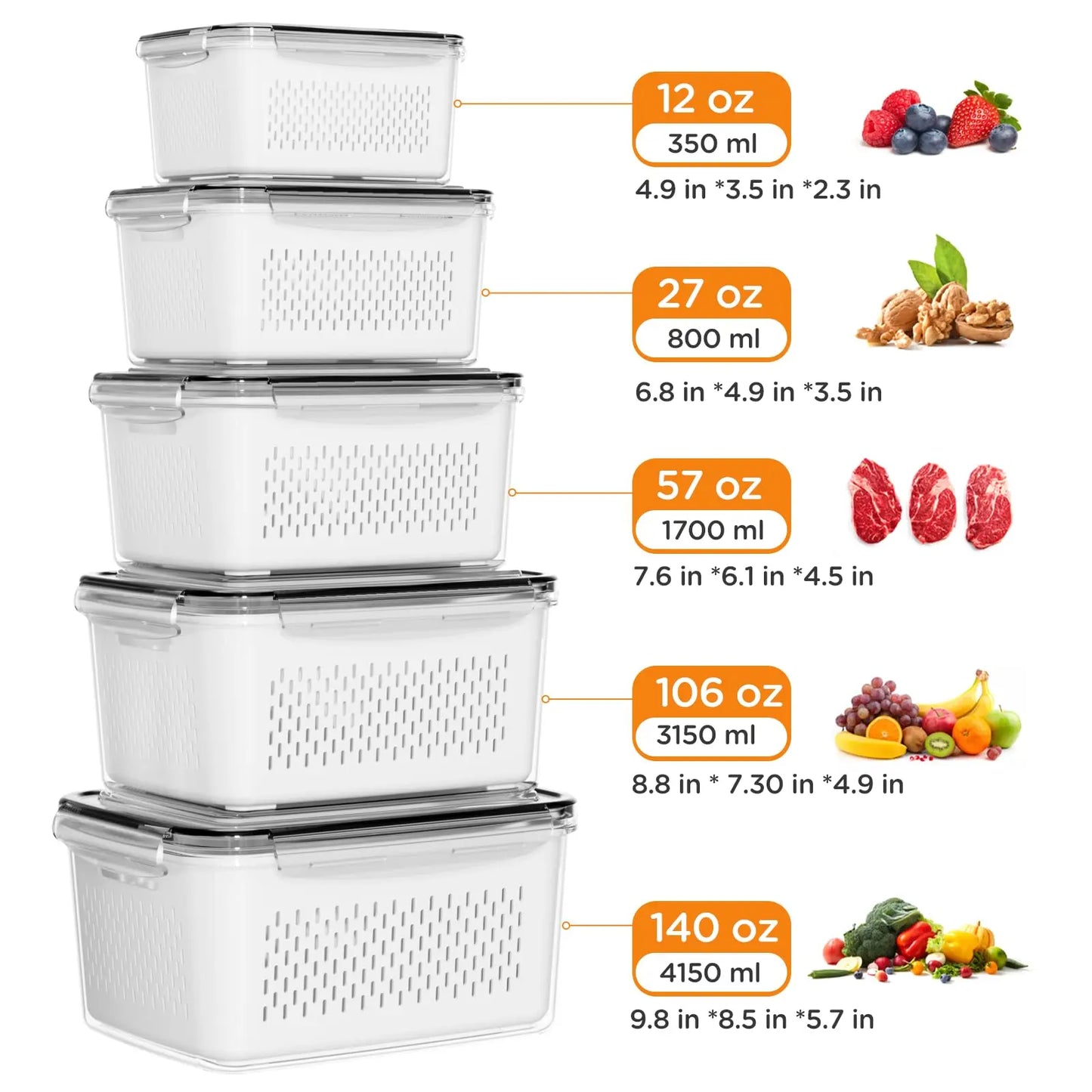 5-Pack Fridge Organizers with Removable Colander – Stackable BPA-Free Food Storage Containers for Fruit, Salad, Berries, Lettuce, Vegetables & Meat – Fresh Keeper Set