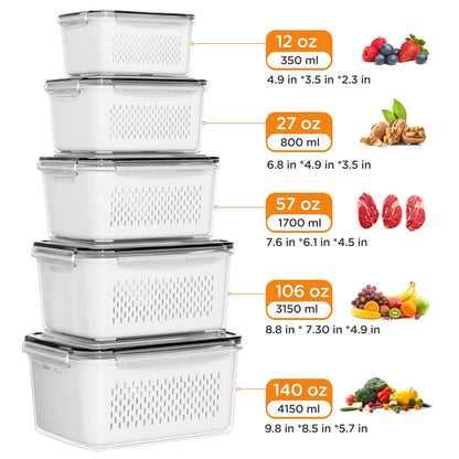 5-Pack Fridge Organizers with Removable Colander – Stackable BPA-Free Food Storage Containers for Fruit, Salad, Berries, Lettuce, Vegetables & Meat – Fresh Keeper Set