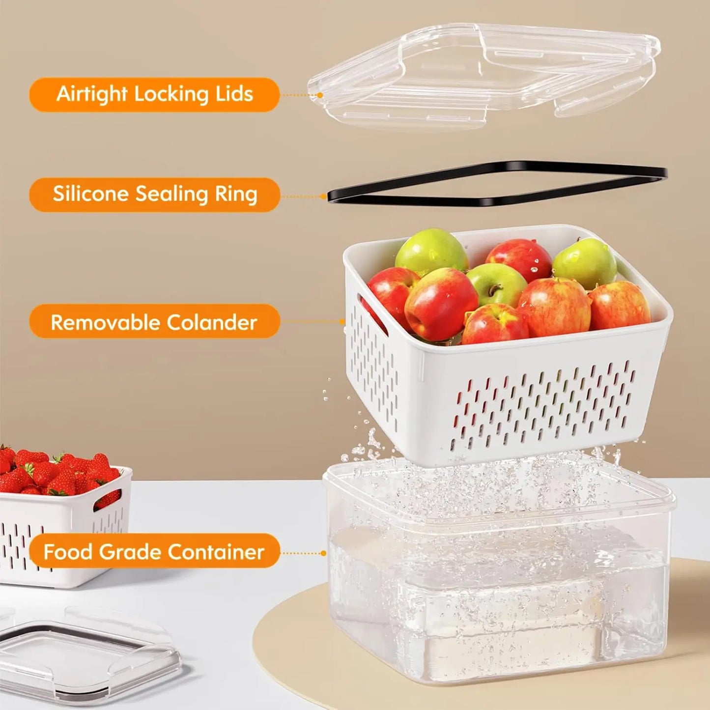 5-Pack Fridge Organizers with Removable Colander – Stackable BPA-Free Food Storage Containers for Fruit, Salad, Berries, Lettuce, Vegetables & Meat – Fresh Keeper Set