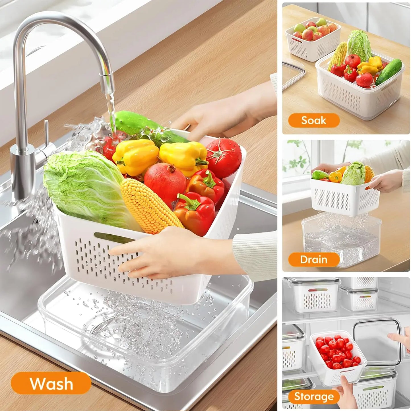 5-Pack Fridge Organizers with Removable Colander – Stackable BPA-Free Food Storage Containers for Fruit, Salad, Berries, Lettuce, Vegetables & Meat – Fresh Keeper Set
