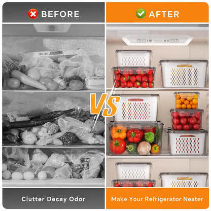 5-Pack Fridge Organizers with Removable Colander – Stackable BPA-Free Food Storage Containers for Fruit, Salad, Berries, Lettuce, Vegetables & Meat – Fresh Keeper Set