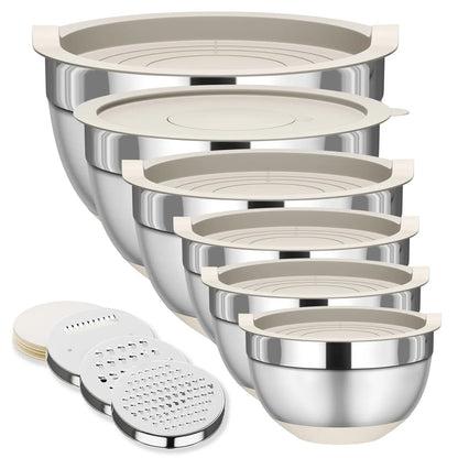 6-Piece Stainless Steel Mixing Bowls with Lids – Nesting Storage Set, Includes 3 Grater Attachments & Non-Slip Bottoms – Sizes 5.5, 3.5, 2.5, 2.1, 1.5 & 1.1 QT