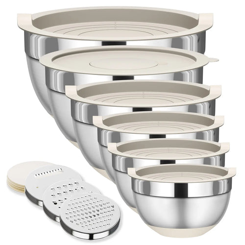 6-Piece Stainless Steel Mixing Bowls with Lids – Nesting Storage Set, Includes 3 Grater Attachments & Non-Slip Bottoms – Sizes 5.5, 3.5, 2.5, 2.1, 1.5 & 1.1 QT