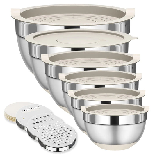 6-Piece Stainless Steel Mixing Bowls with Lids – Nesting Storage Set, Includes 3 Grater Attachments & Non-Slip Bottoms – Sizes 5.5, 3.5, 2.5, 2.1, 1.5 & 1.1 QT
