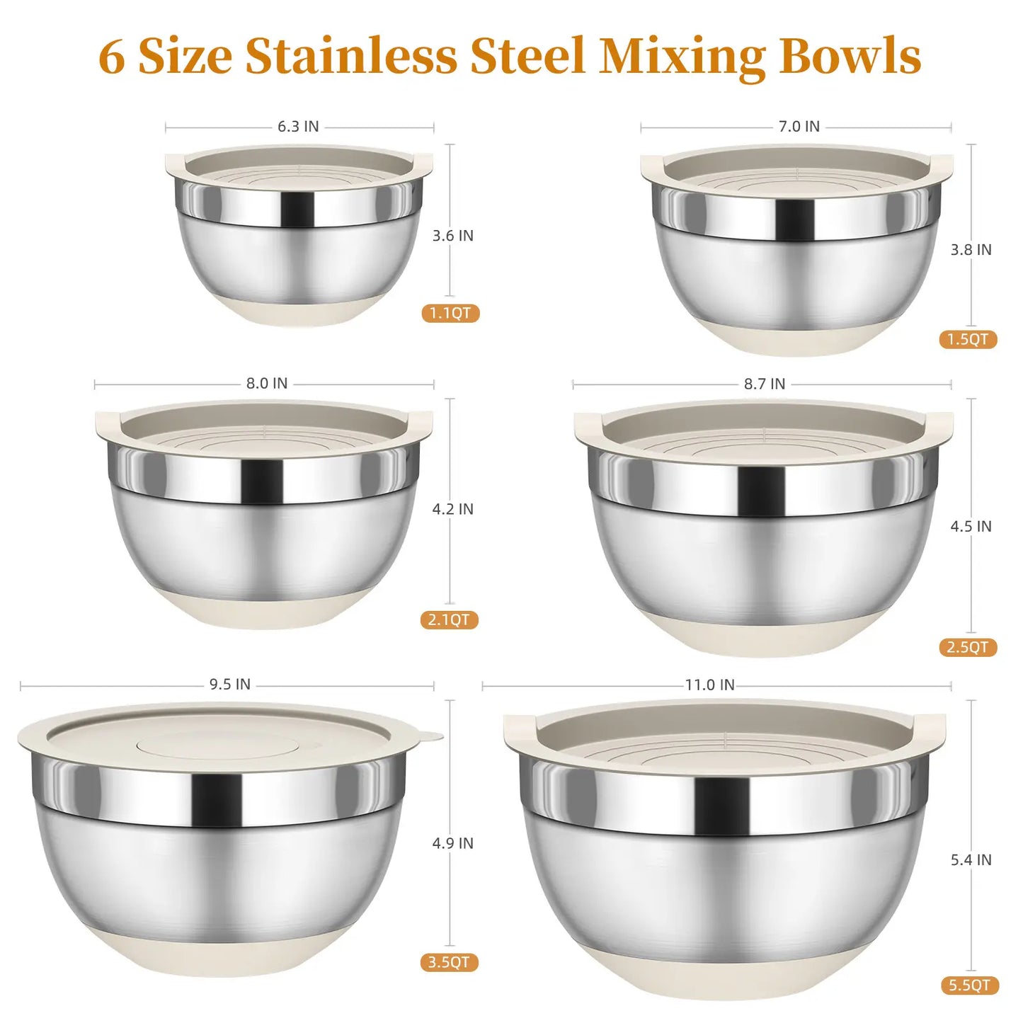 6-Piece Stainless Steel Mixing Bowls with Lids – Nesting Storage Set, Includes 3 Grater Attachments & Non-Slip Bottoms – Sizes 5.5, 3.5, 2.5, 2.1, 1.5 & 1.1 QT