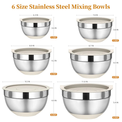 6-Piece Stainless Steel Mixing Bowls with Lids – Nesting Storage Set, Includes 3 Grater Attachments & Non-Slip Bottoms – Sizes 5.5, 3.5, 2.5, 2.1, 1.5 & 1.1 QT