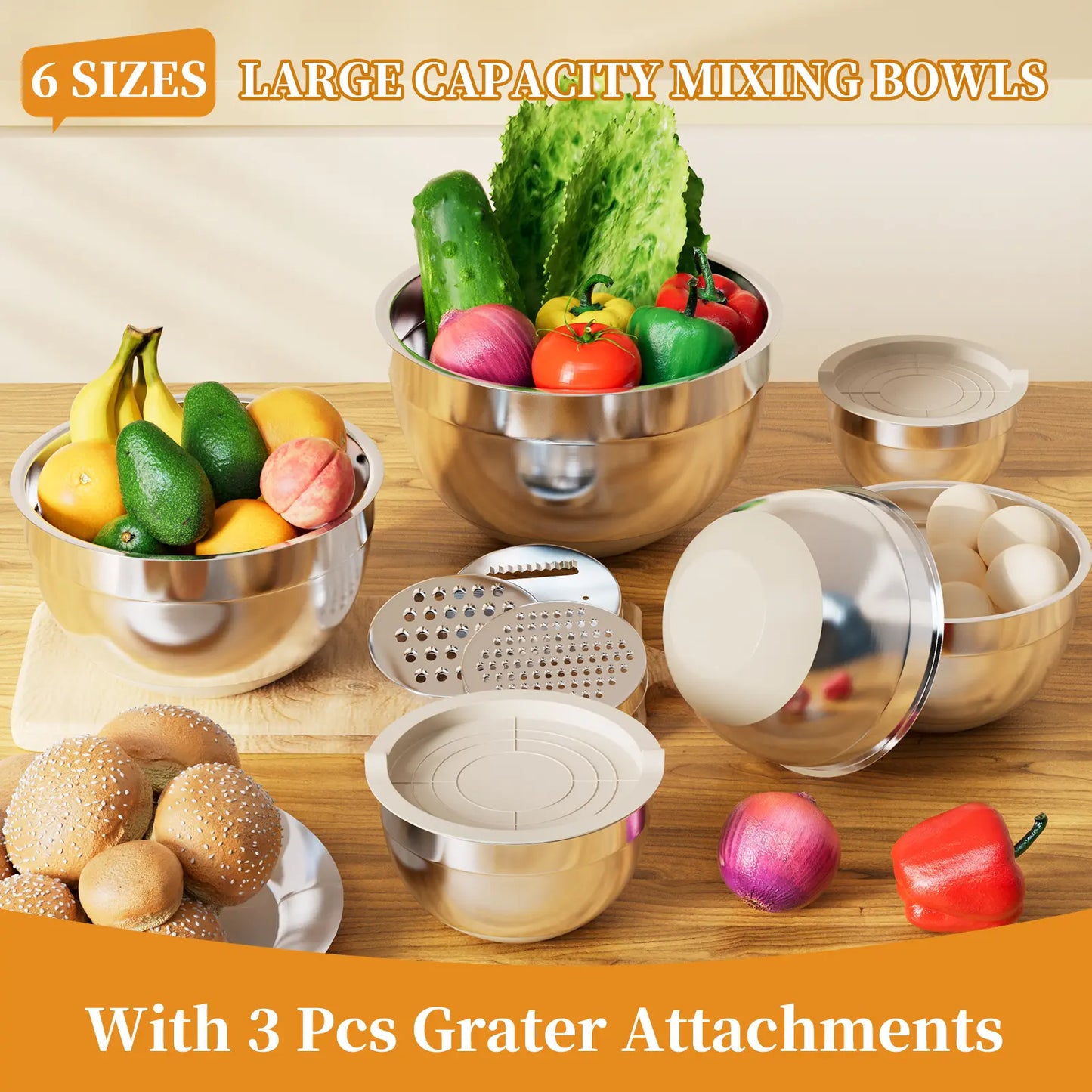 6-Piece Stainless Steel Mixing Bowls with Lids – Nesting Storage Set, Includes 3 Grater Attachments & Non-Slip Bottoms – Sizes 5.5, 3.5, 2.5, 2.1, 1.5 & 1.1 QT