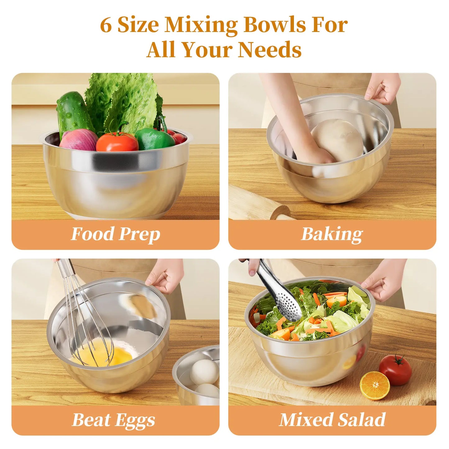 6-Piece Stainless Steel Mixing Bowls with Lids – Nesting Storage Set, Includes 3 Grater Attachments & Non-Slip Bottoms – Sizes 5.5, 3.5, 2.5, 2.1, 1.5 & 1.1 QT