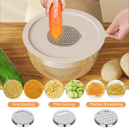 6-Piece Stainless Steel Mixing Bowls with Lids – Nesting Storage Set, Includes 3 Grater Attachments & Non-Slip Bottoms – Sizes 5.5, 3.5, 2.5, 2.1, 1.5 & 1.1 QT