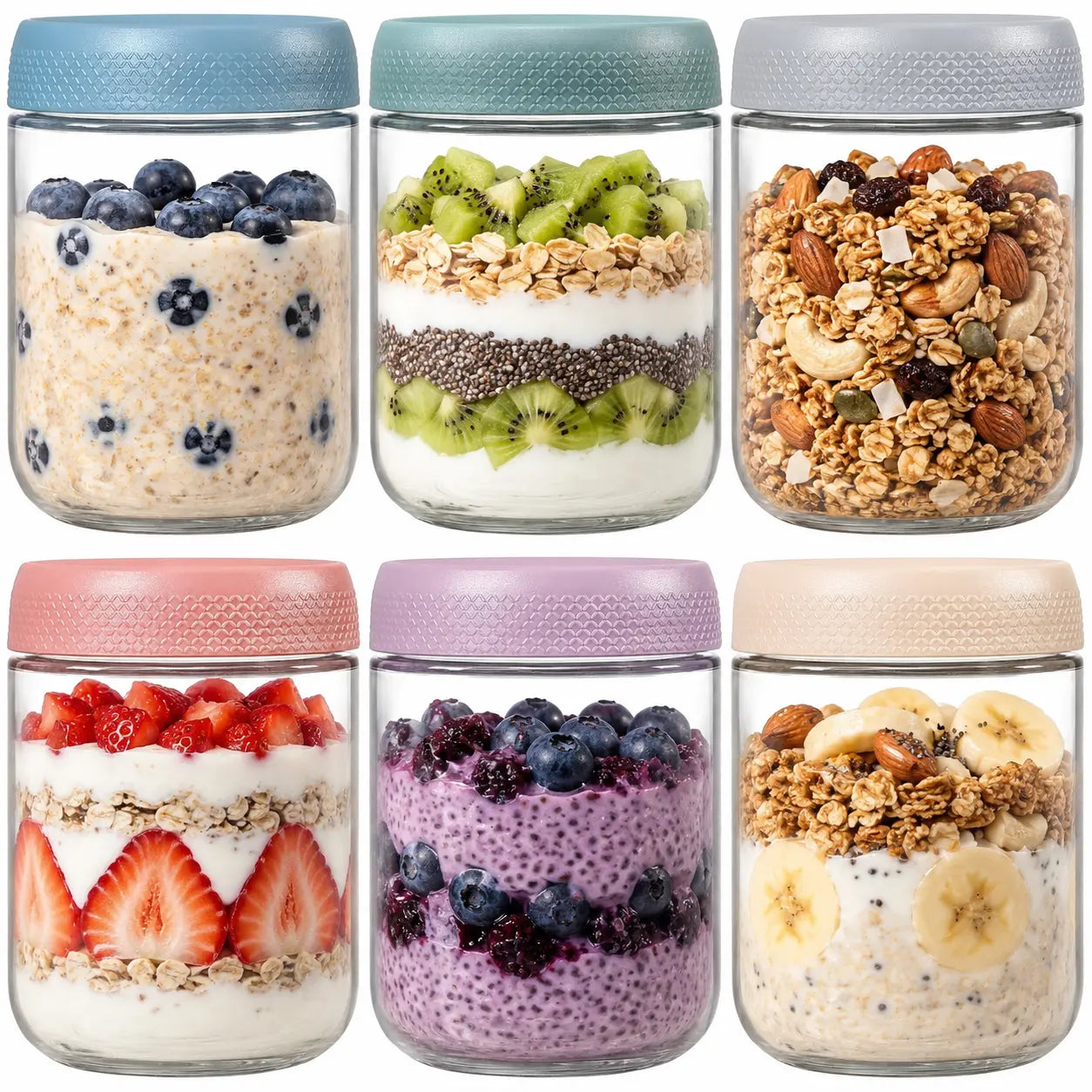6-Pack 16 oz Glass Overnight Oats Containers with Airtight Lids – Wide Mouth Mason Jars for Salad, Snacks, Yogurt, Spices & Sugar – Food Storage Set