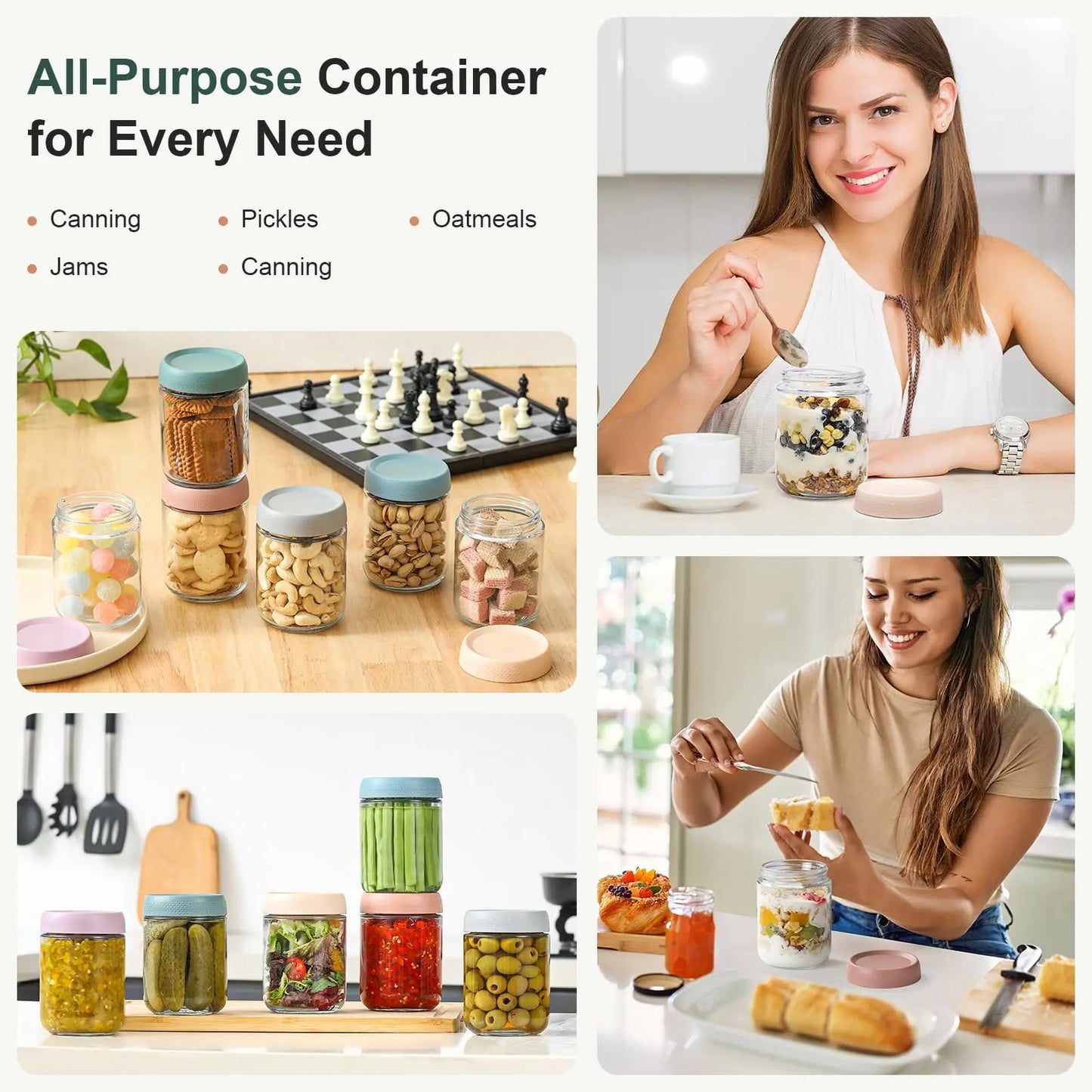 6-Pack 16 oz Glass Overnight Oats Containers with Airtight Lids – Wide Mouth Mason Jars for Salad, Snacks, Yogurt, Spices & Sugar – Food Storage Set