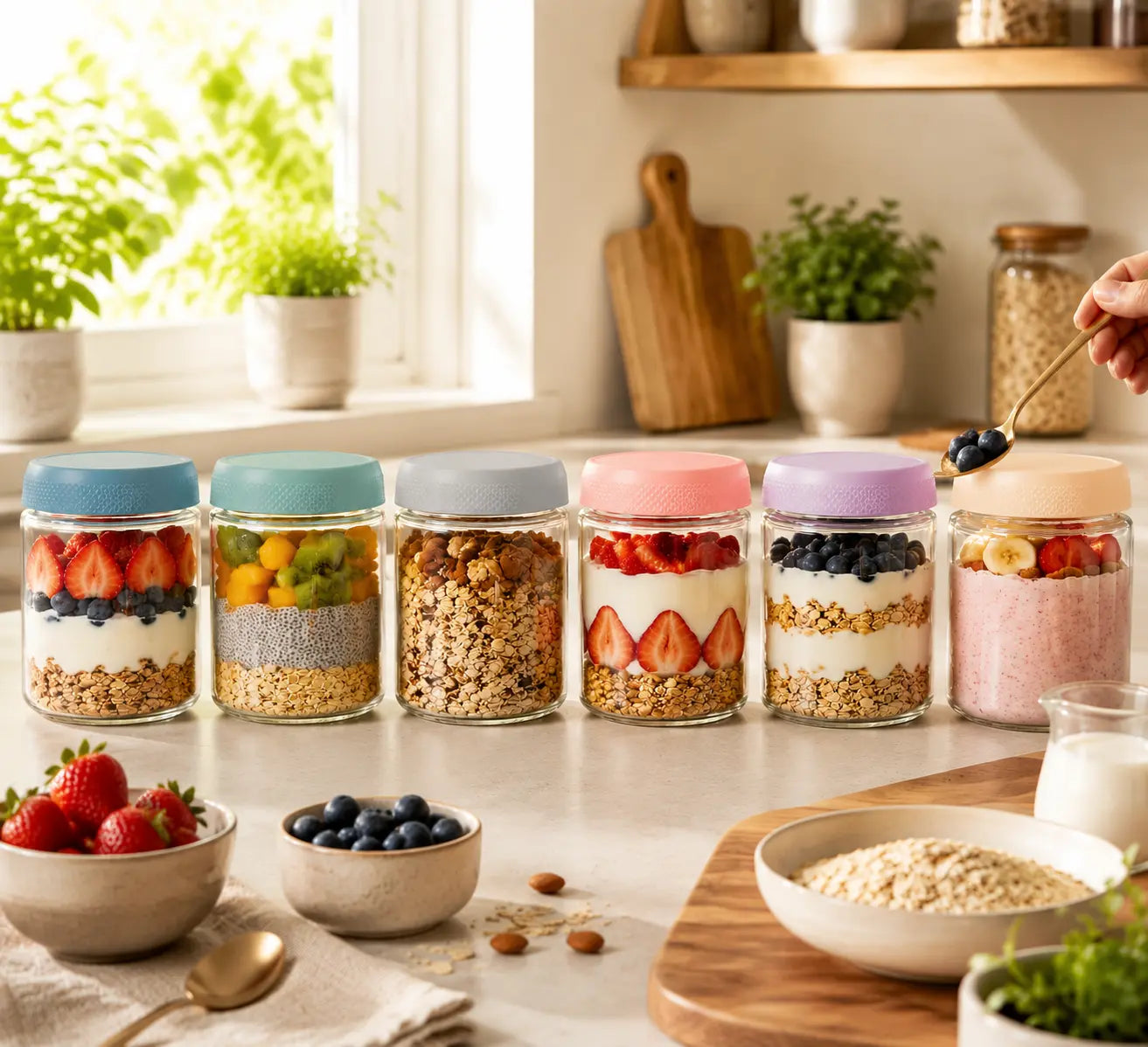6-Pack 16 oz Glass Overnight Oats Containers with Airtight Lids – Wide Mouth Mason Jars for Salad, Snacks, Yogurt, Spices & Sugar – Food Storage Set