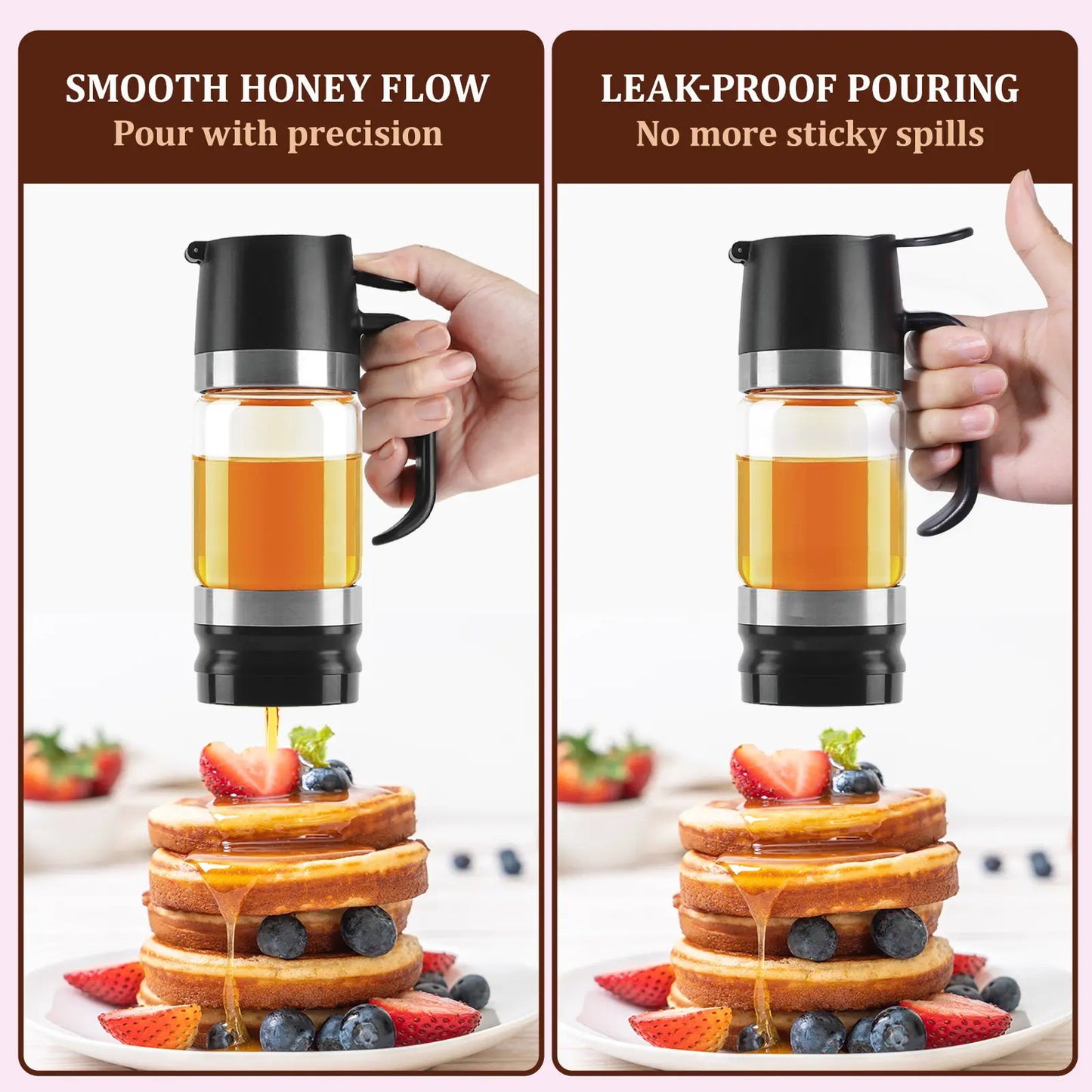 Aelga Glass Honey Dispenser kitchen items No Drip No Mess Leak-Free Design with Handle for Maple Syrup Maintains Freshness Easy to Clean Refill Perfect for Everyday Use