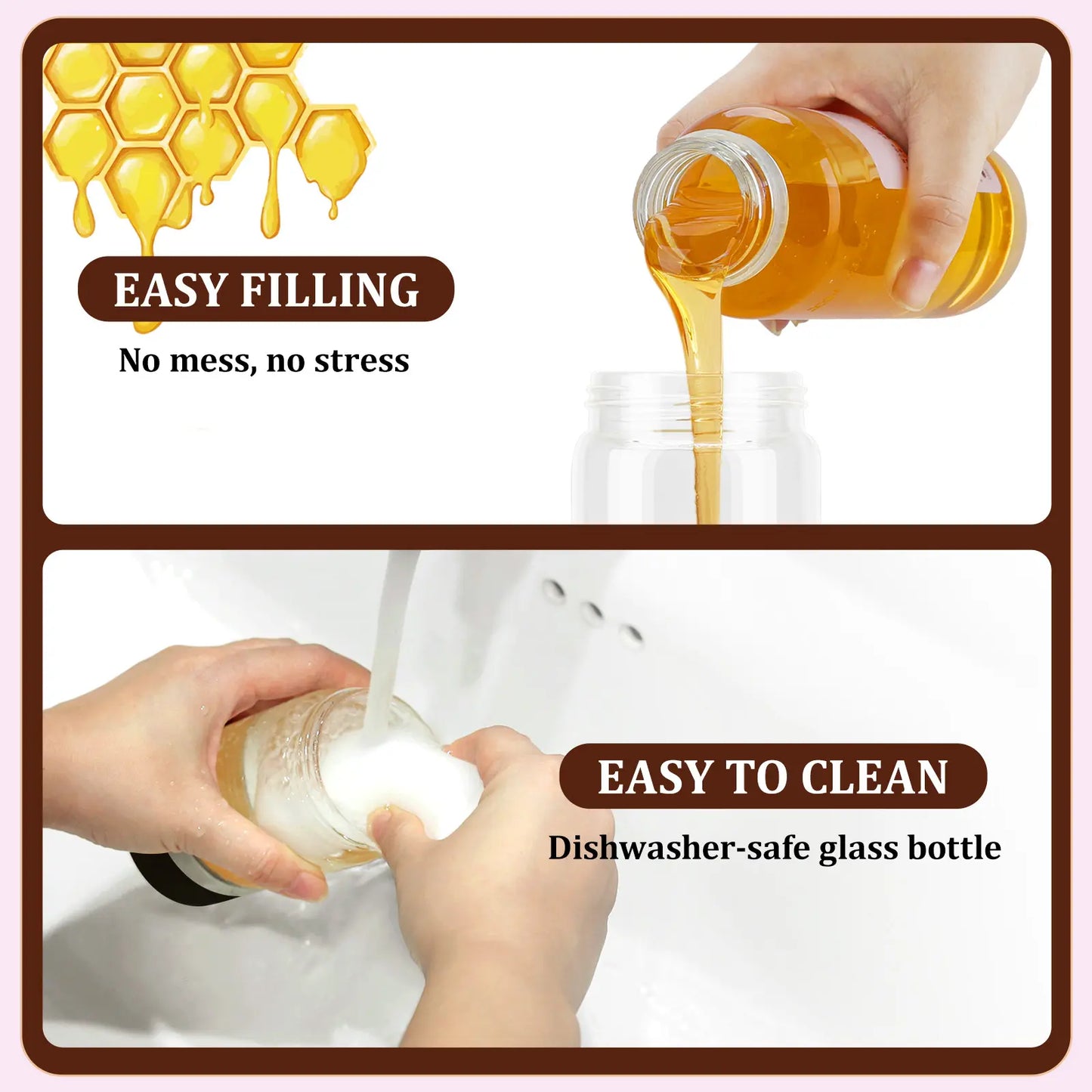 Aelga Glass Honey Dispenser kitchen items No Drip No Mess Leak-Free Design with Handle for Maple Syrup Maintains Freshness Easy to Clean Refill Perfect for Everyday Use