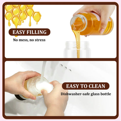 Aelga Glass Honey Dispenser kitchen items No Drip No Mess Leak-Free Design with Handle for Maple Syrup Maintains Freshness Easy to Clean Refill Perfect for Everyday Use