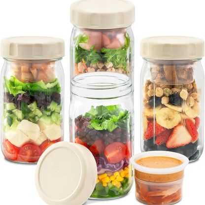 4-Pack 32oz Glass Salad Jars with Lids – Leakproof Lunch Containers with Wet/Dry Separation, Built-in Small Boxes for Dressing & Dry Ingredients – Perfect for Meal Prep & Christmas Gifts