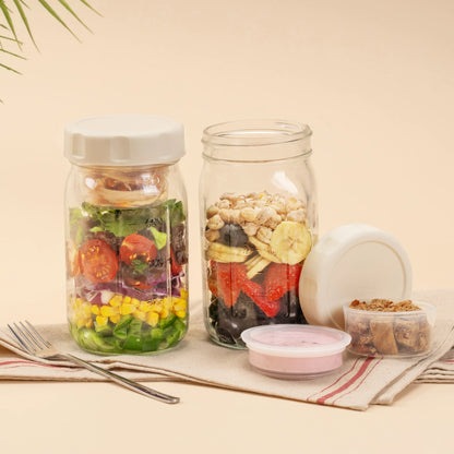 4-Pack 32oz Glass Salad Jars with Lids – Leakproof Lunch Containers with Wet/Dry Separation, Built-in Small Boxes for Dressing & Dry Ingredients – Perfect for Meal Prep & Christmas Gifts