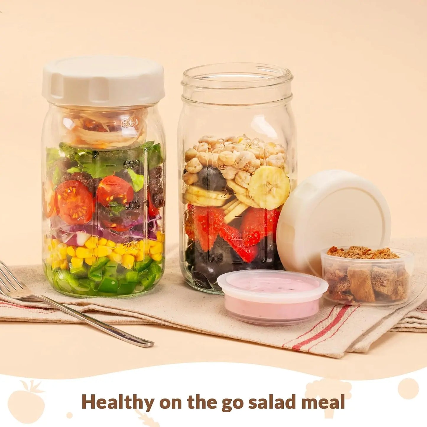 4-Pack 32oz Glass Salad Jars with Lids – Leakproof Lunch Containers with Wet/Dry Separation, Built-in Small Boxes for Dressing & Dry Ingredients – Perfect for Meal Prep & Christmas Gifts