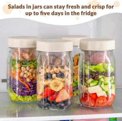 4-Pack 32oz Glass Salad Jars with Lids – Leakproof Lunch Containers with Wet/Dry Separation, Built-in Small Boxes for Dressing & Dry Ingredients – Perfect for Meal Prep & Christmas Gifts