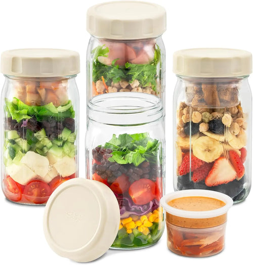 4-Pack 32oz Glass Salad Jars with Lids – Leakproof Lunch Containers with Wet/Dry Separation, Built-in Small Boxes for Dressing & Dry Ingredients – Perfect for Meal Prep & Christmas Gifts