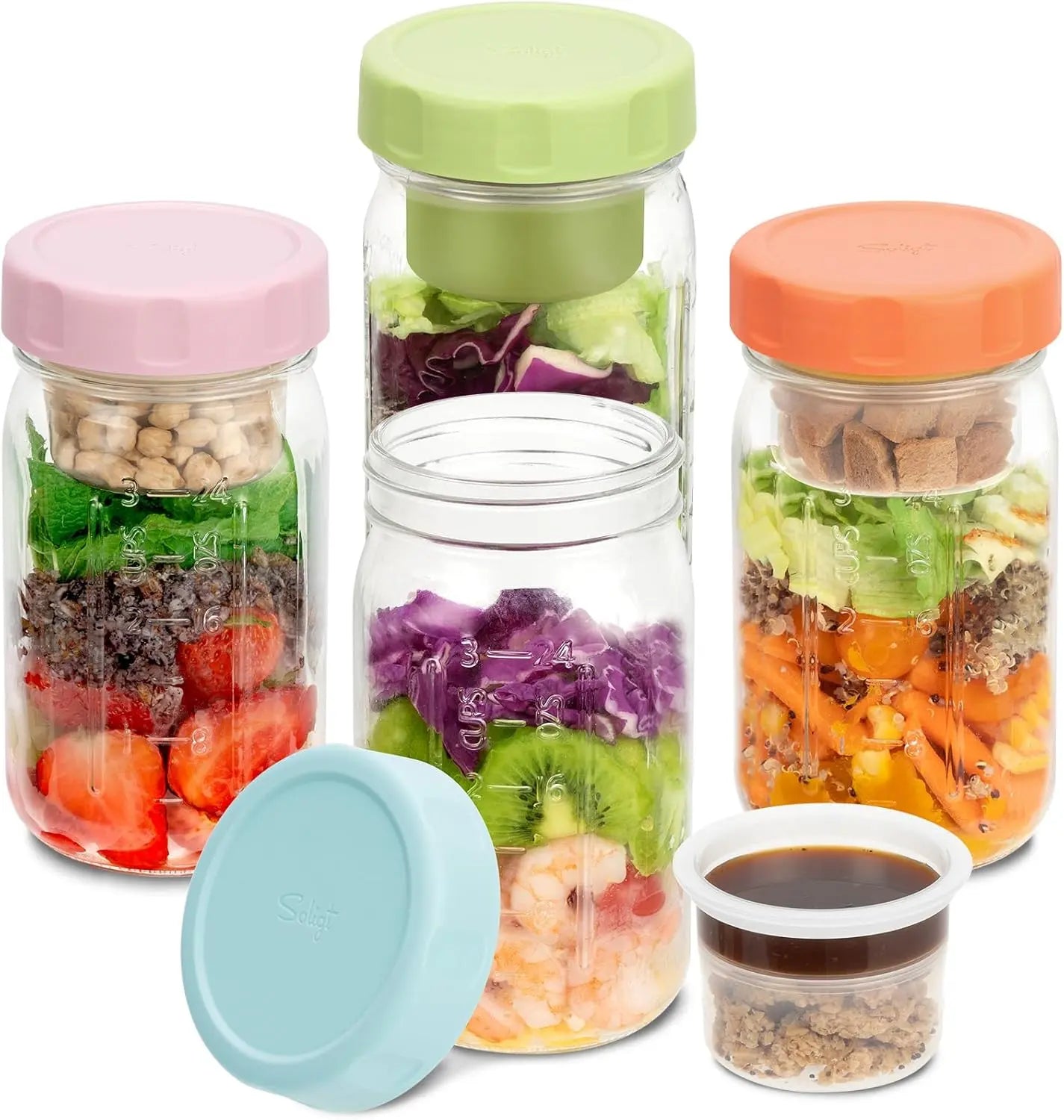 4-Pack 32oz Glass Salad Jars with Lids – Leakproof Lunch Containers with Wet/Dry Separation, Built-in Small Boxes for Dressing & Dry Ingredients – Perfect for Meal Prep & Christmas Gifts