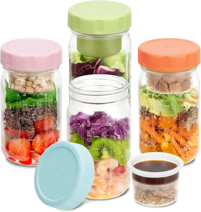 4-Pack 32oz Glass Salad Jars with Lids – Leakproof Lunch Containers with Wet/Dry Separation, Built-in Small Boxes for Dressing & Dry Ingredients – Perfect for Meal Prep & Christmas Gifts