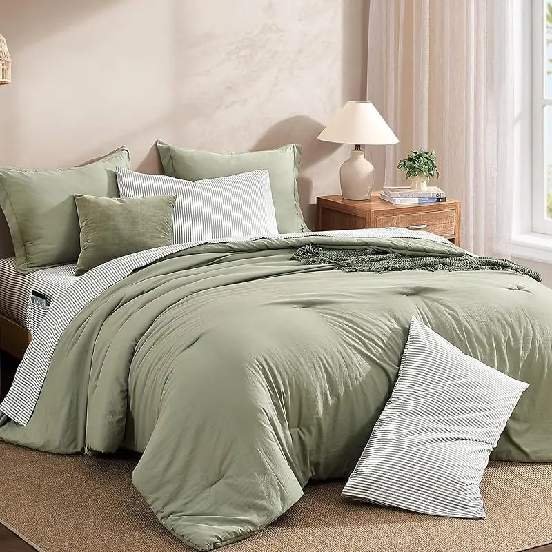 7-Piece Comforter Set – Farmhouse Coastal Design, Storage Pockets – Complete Bedding with Sheets & Shams