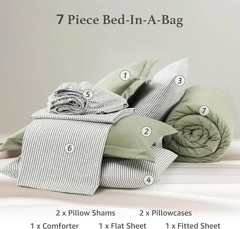 7-Piece Comforter Set – Farmhouse Coastal Design, Storage Pockets – Complete Bedding with Sheets & Shams